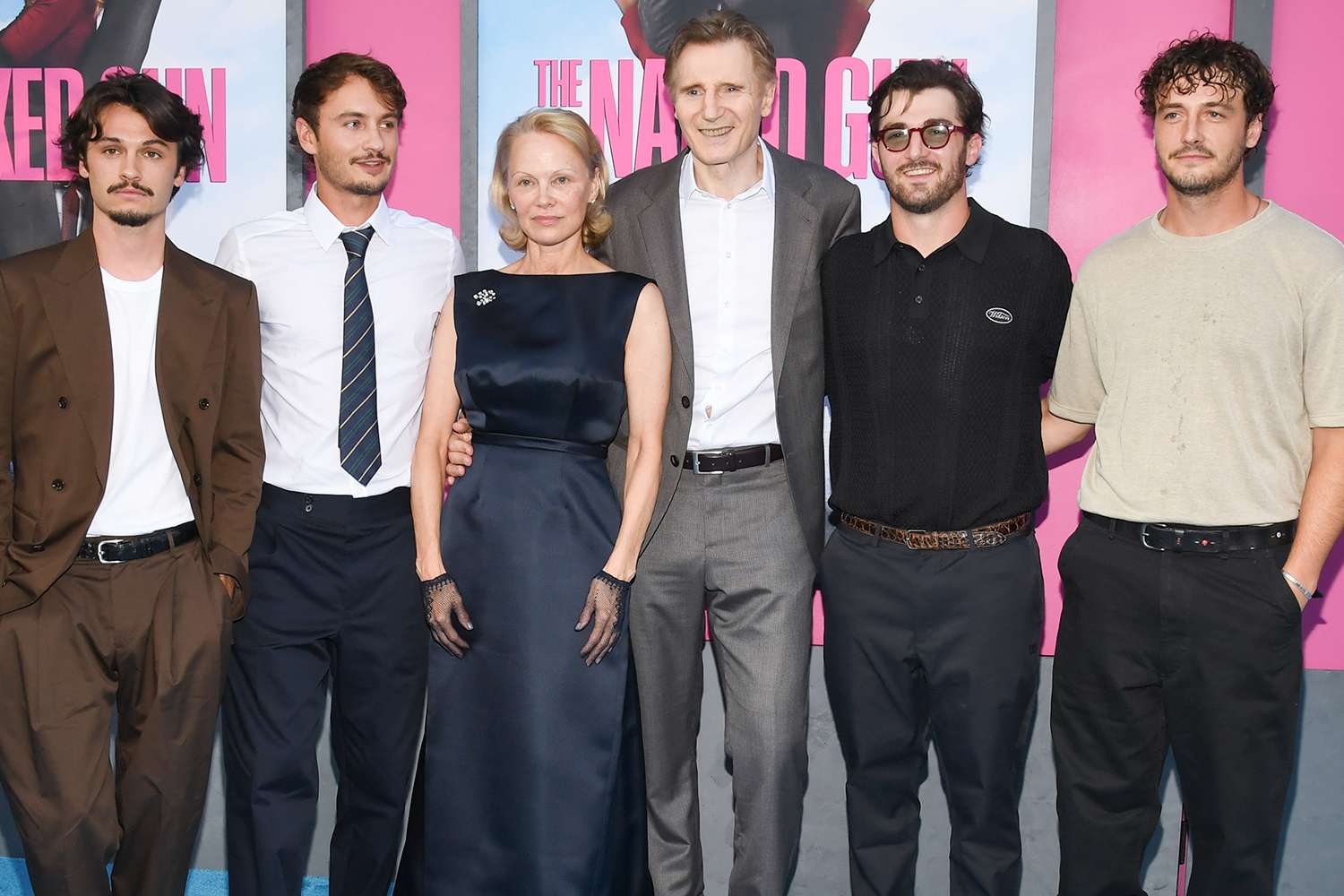 Dylan Jagger Lee, Brandon Thomas Lee, Pamela Anderson, Liam Neeson, Daniel Neeson, and Micheál Neeson attend "The Naked Gun" New York Premiere