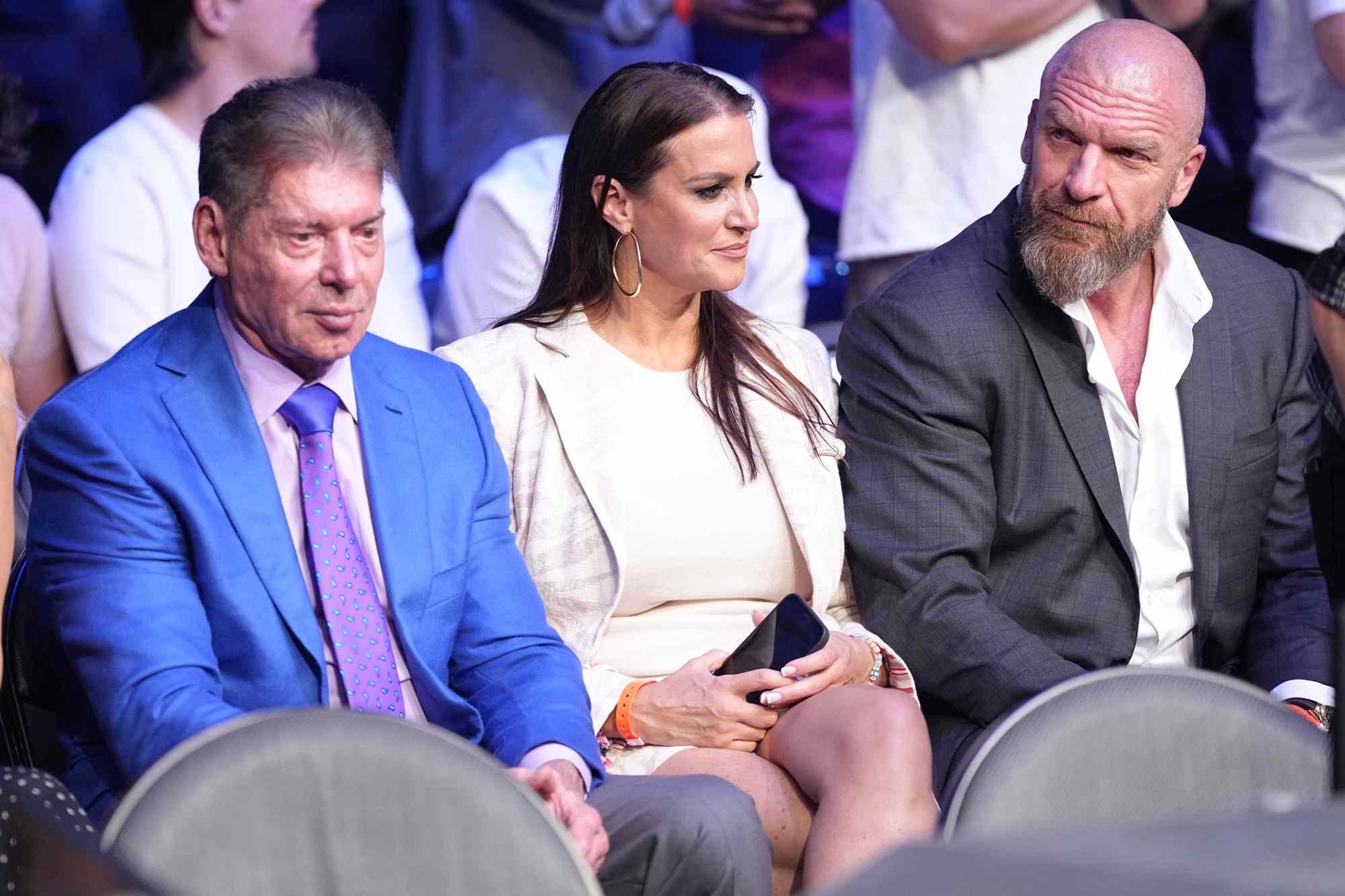 Vince McMahon, Stephanie McMahon and Triple H attend the UFC 276 event at T-Mobile Arena on July 02, 2022 in Las Vegas, Nevada.