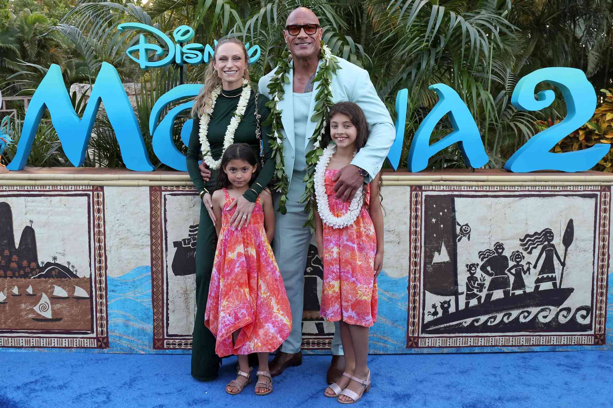 Lauren Hashian, Tiana Johnson, Dwayne Johnson and Jasmine Johnson attend the World Premiere of Walt Disney Animation Studios' "Moana 2" in Kapolei, Hawaii on November 21, 2024.