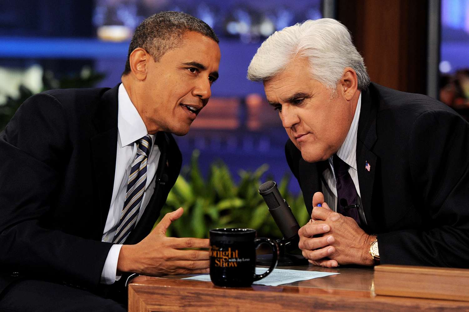 President Barack Obama (L) appears on "The Tonight Show With Jay Leno" at NBC Studios on October 25, 2011 in Burbank, California.