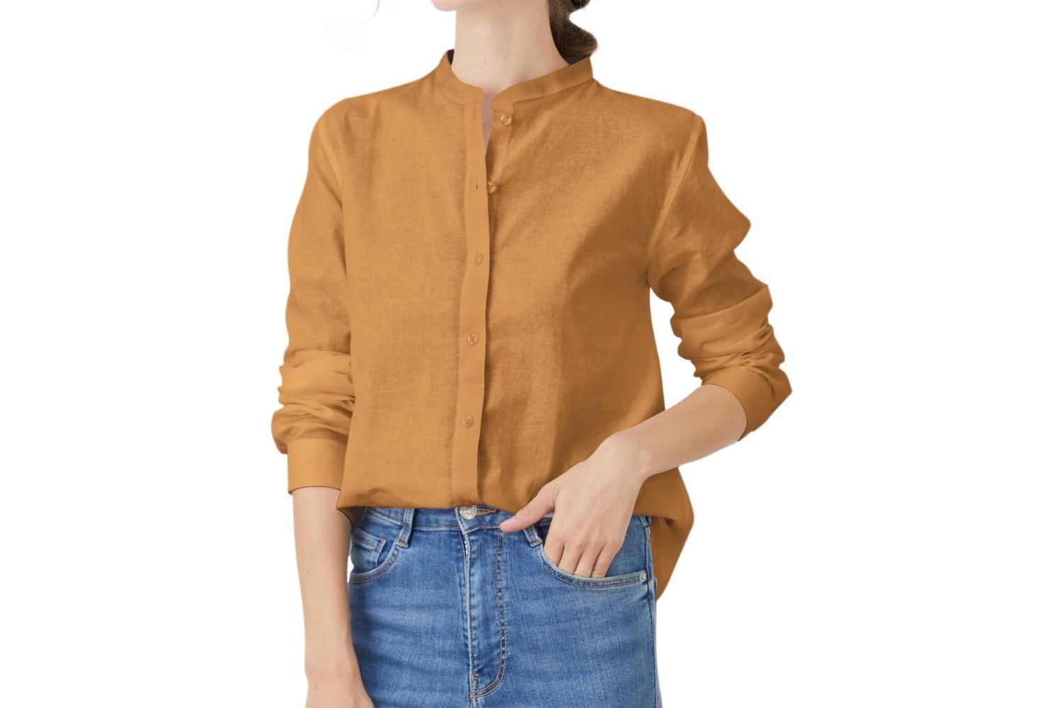 Womens Mandarin Collar Button Down Shirts Casual Cotton Long Sleeve Blouses