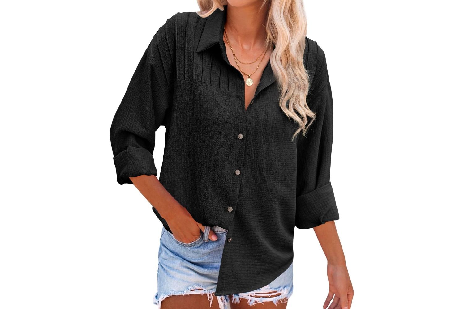 Hotouch Womens Long Sleeve Button Down Shirts Oversized Collared Drop Shoulder Work Tops