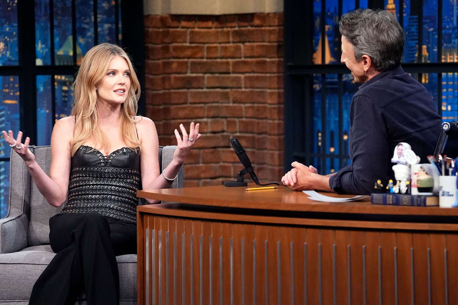Meghann Fahy during an interview with Seth Meyers