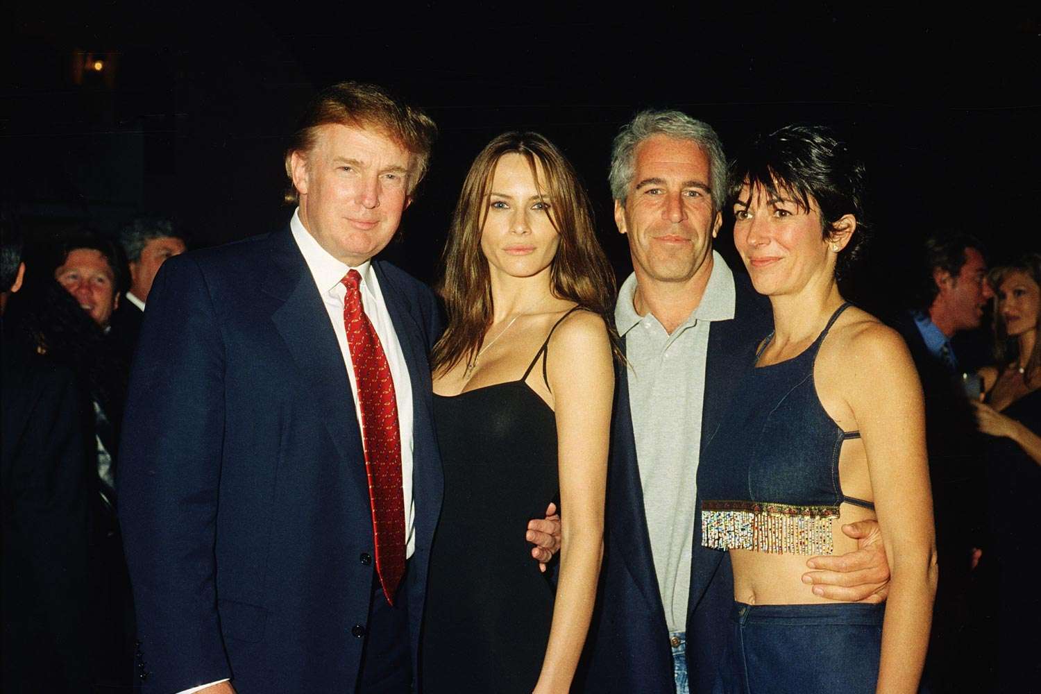Donald Trump Melania Trump, Jeffrey Epstein, and Ghislaine Maxwell pose together at the Mar-a-Lago club, Palm Beach, Florida, February 12, 2000
