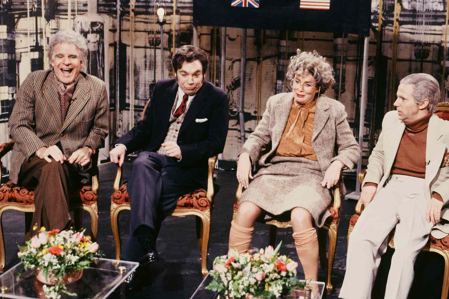 Steve Martin as Sir William Sindren Steven Smythe Cursey, Mike Myers as Kenneth Reese-Evans, Julia Sweeney as Dame Sarah KensingtonDana Carvey as Mickey Rooney during "Theatre Stories" skit on December 14, 1991,