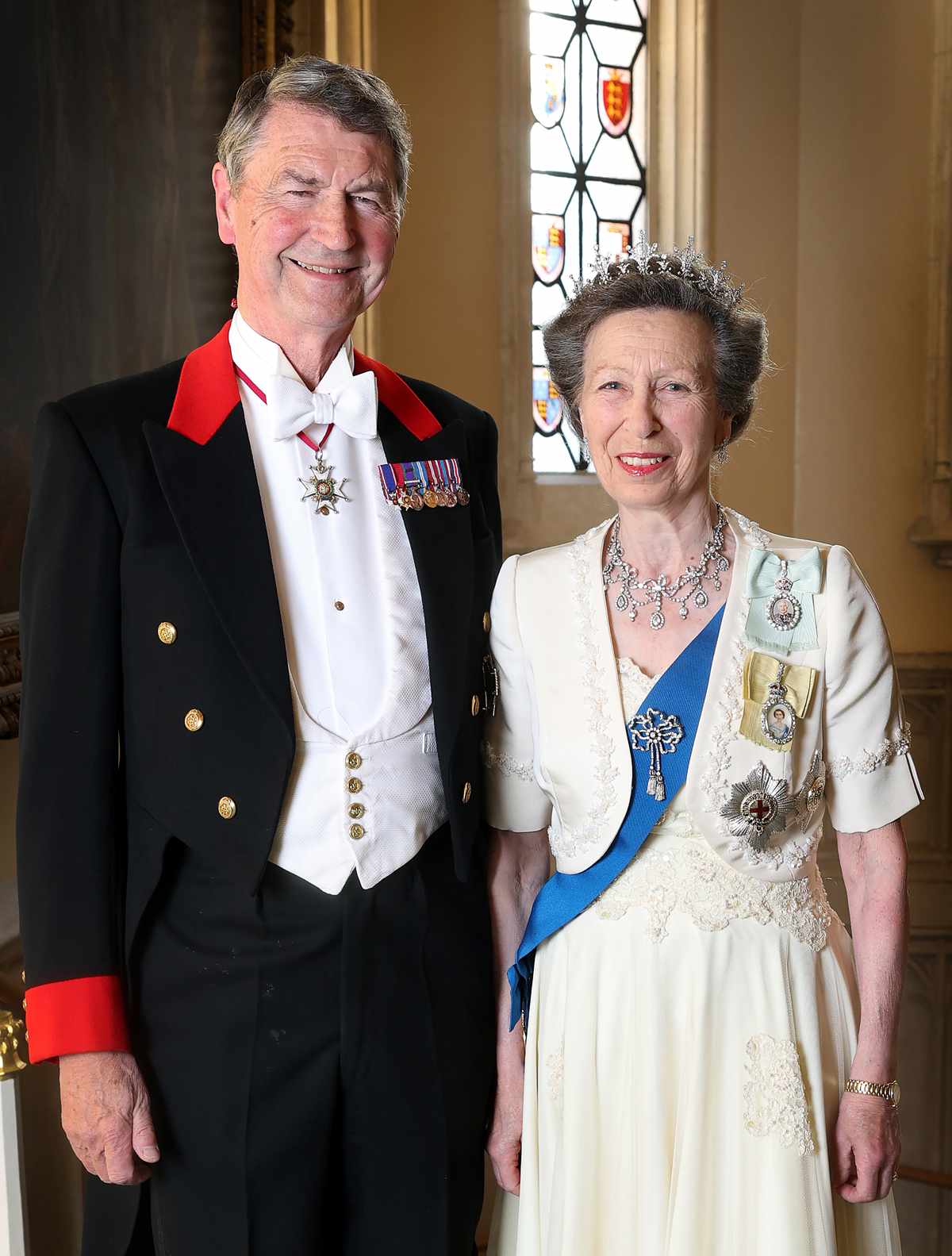 Princess Anne, Princess Royal and Vice Admiral Sir Tim Laurence attend the State Banquet for President of France Emmanuel Macron and his wife Brigitte Macron, at Windsor Castle on July 08, 2025 in Windsor, England. The photograph has been released ahead of Her Royal Highness The Princess Royal