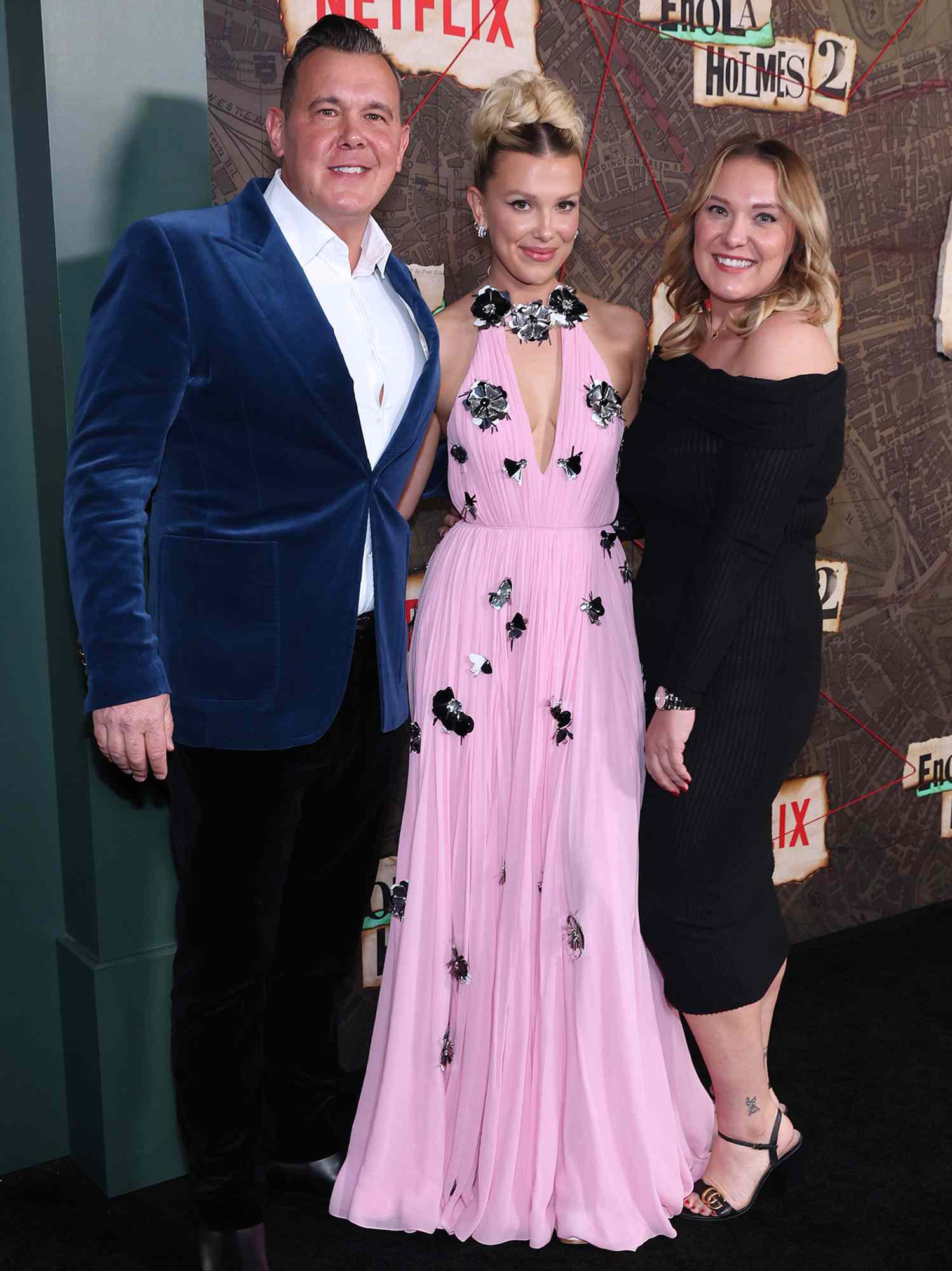 Robert Brown, Millie Bobby Brown, and Paige Brown attend the premiere of Enola Holmes 2.