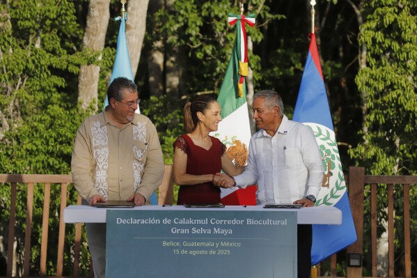 Guatemalan president Bernardo Arévalo looks on while Mexican President Claudia Sheinbaum shakes hands with Belize Prime Minister Minister Johnny Briceño, in Calakmul, Campeche state, Mexico, Friday, Aug. 15, 2025.