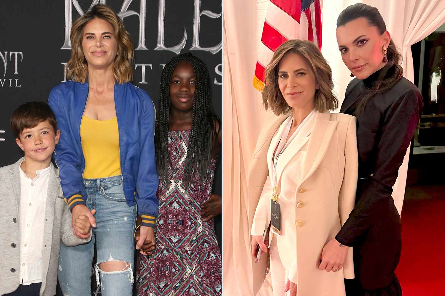 Jillian Michaels with her children Lukensia Michaels Rhoades and Phoenix Michaels Rhoades at the "Maleficent: Mistress Of Evil" premiere on September 30, 2019 in Los Angeles, California ; Jillian Michaels and her wife DeShanna Marie Michaels in January 2025.
