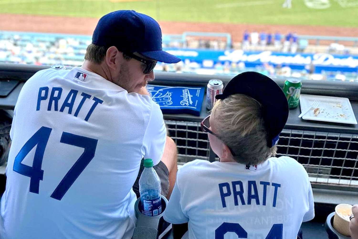 Chris Pratt and son at baseball game