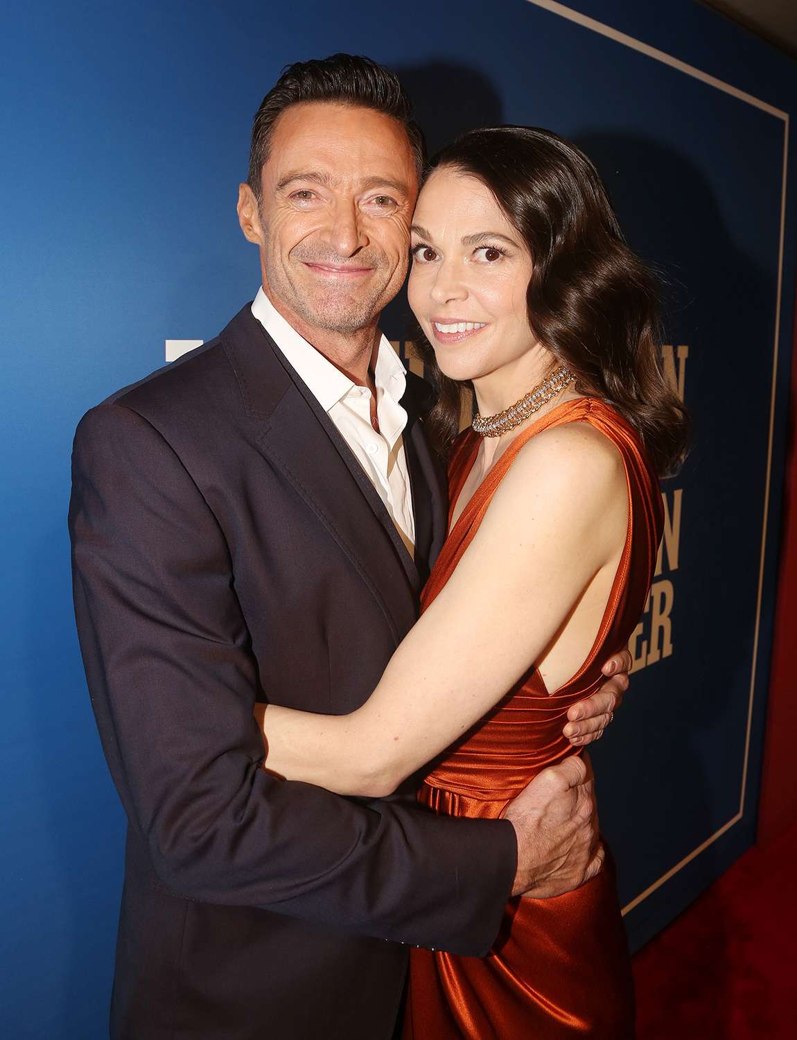 Hugh Jackman and Sutton Foster pose at the opening night of "The Music Man" on Broadway at The Winter Garden Theater on February 10, 2022 in New York City.