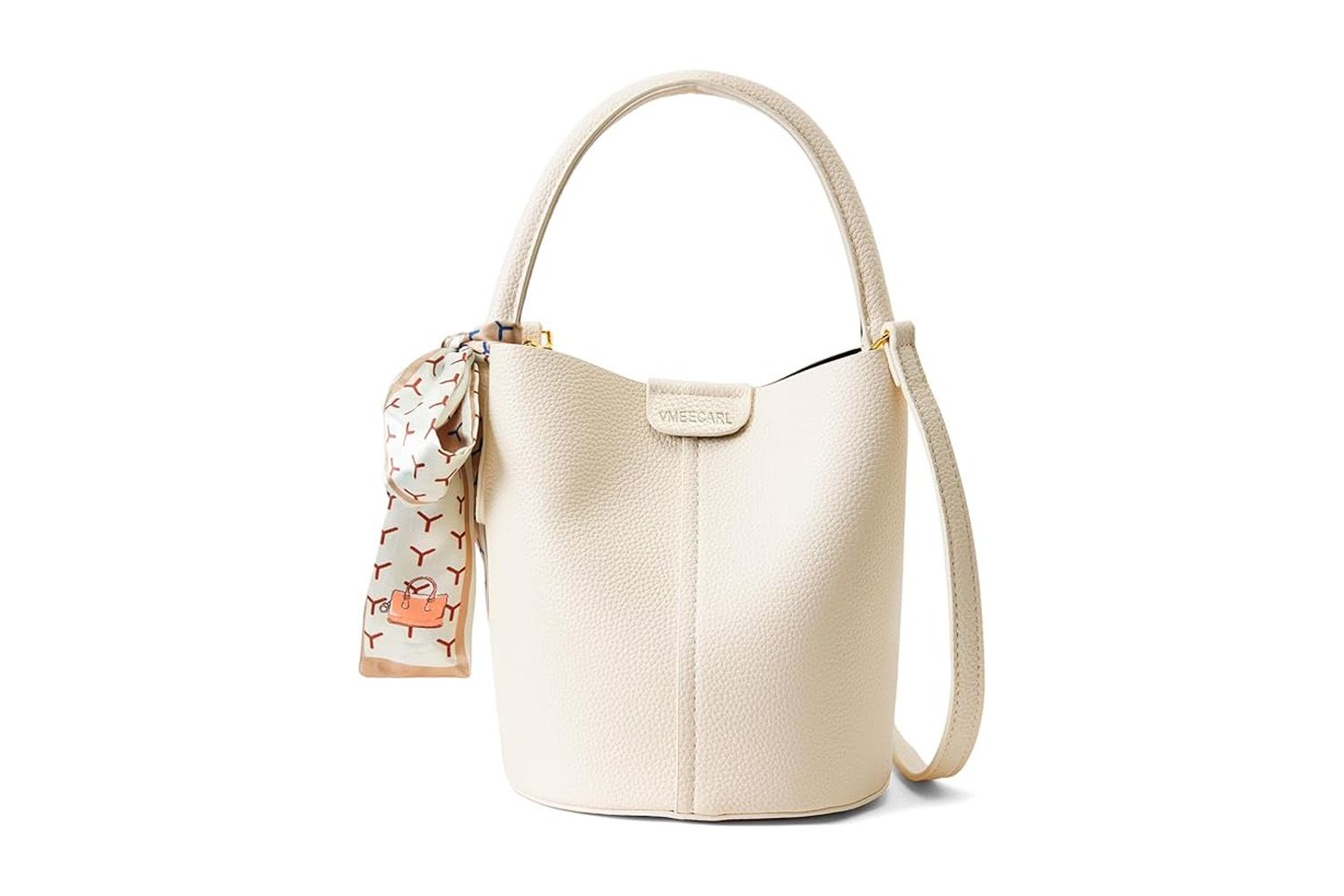 A bucketstyle handbag with a short handle and a decorative scarf tied to it