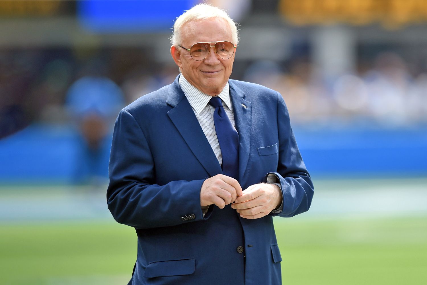 Cowboys owner Jerry Jones during an NFL game between the Dallas Cowboys and the Los Angeles Chargers on Sept. 19, 2021, at SoFi Stadium in Inglewood, Calif.,