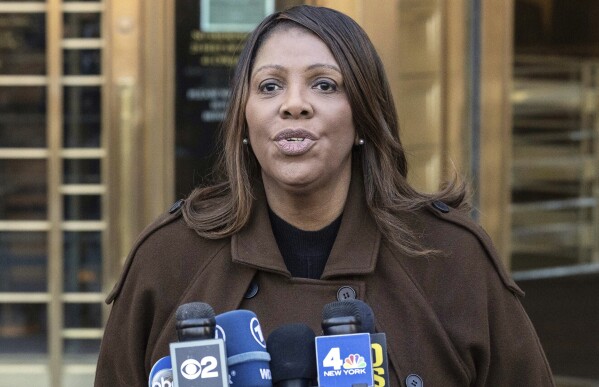 New York Attorney General Letitia James speaks during a news conference outside Manhattan federal court in New York, Feb. 14, 2025. (AP Photo/Yuki Iwamura, File)