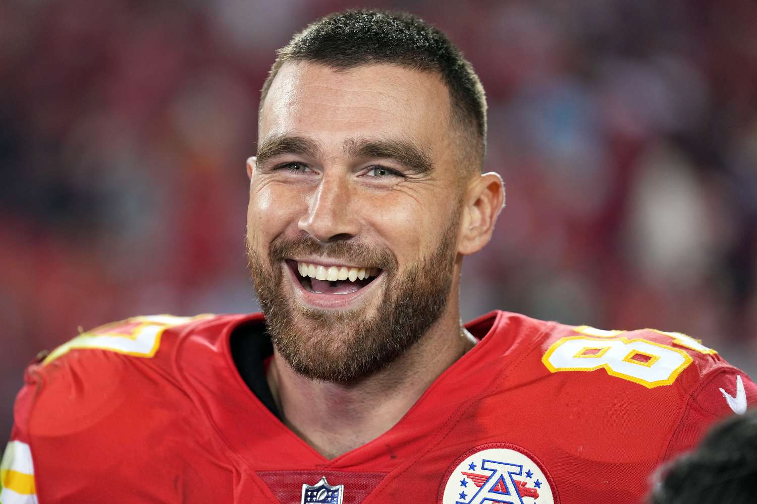 Travis Kelce of the Kansas City Chiefs after the Chiefs defeated the Las Vegas Raiders on Oct. 10, 2022, in Kansas City, Mo.