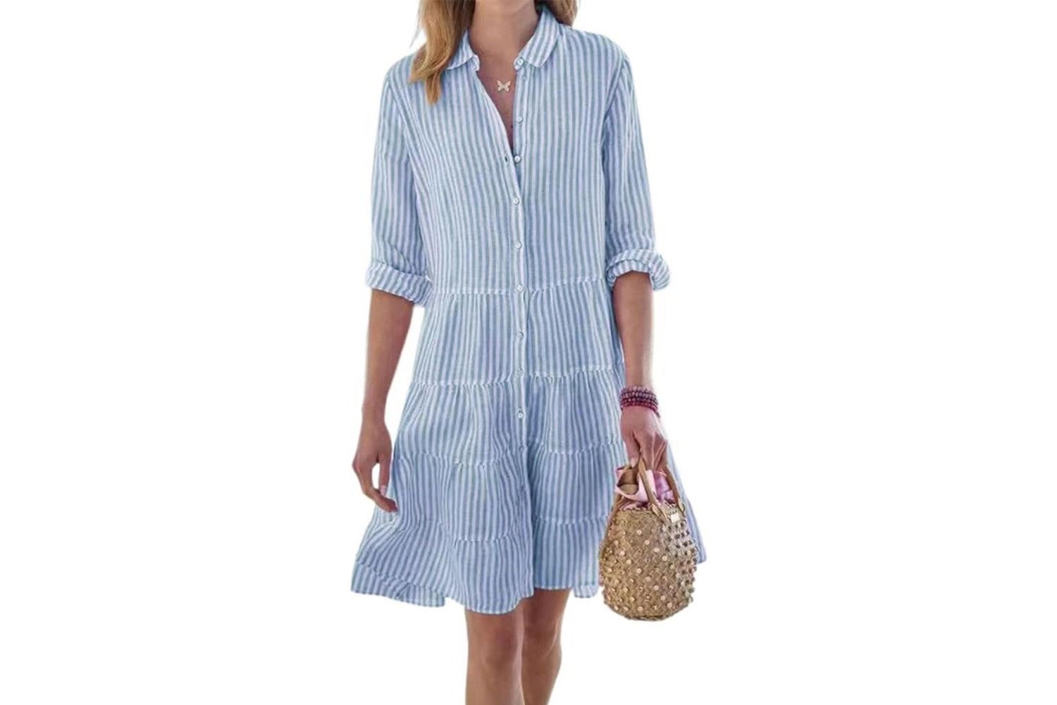 utcoco Womens Striped Button Down Midi Shirt Dress Casual Loose