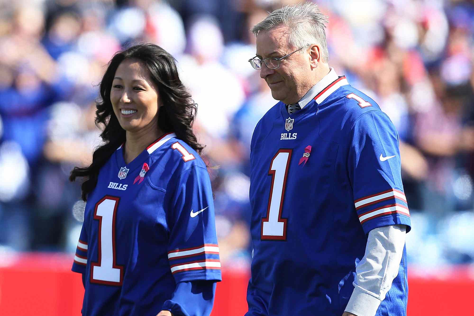 Terry Pegula and Kim Pegula at Ralph Wilson Stadium on October 12, 2014 in Orchard Park, New York.