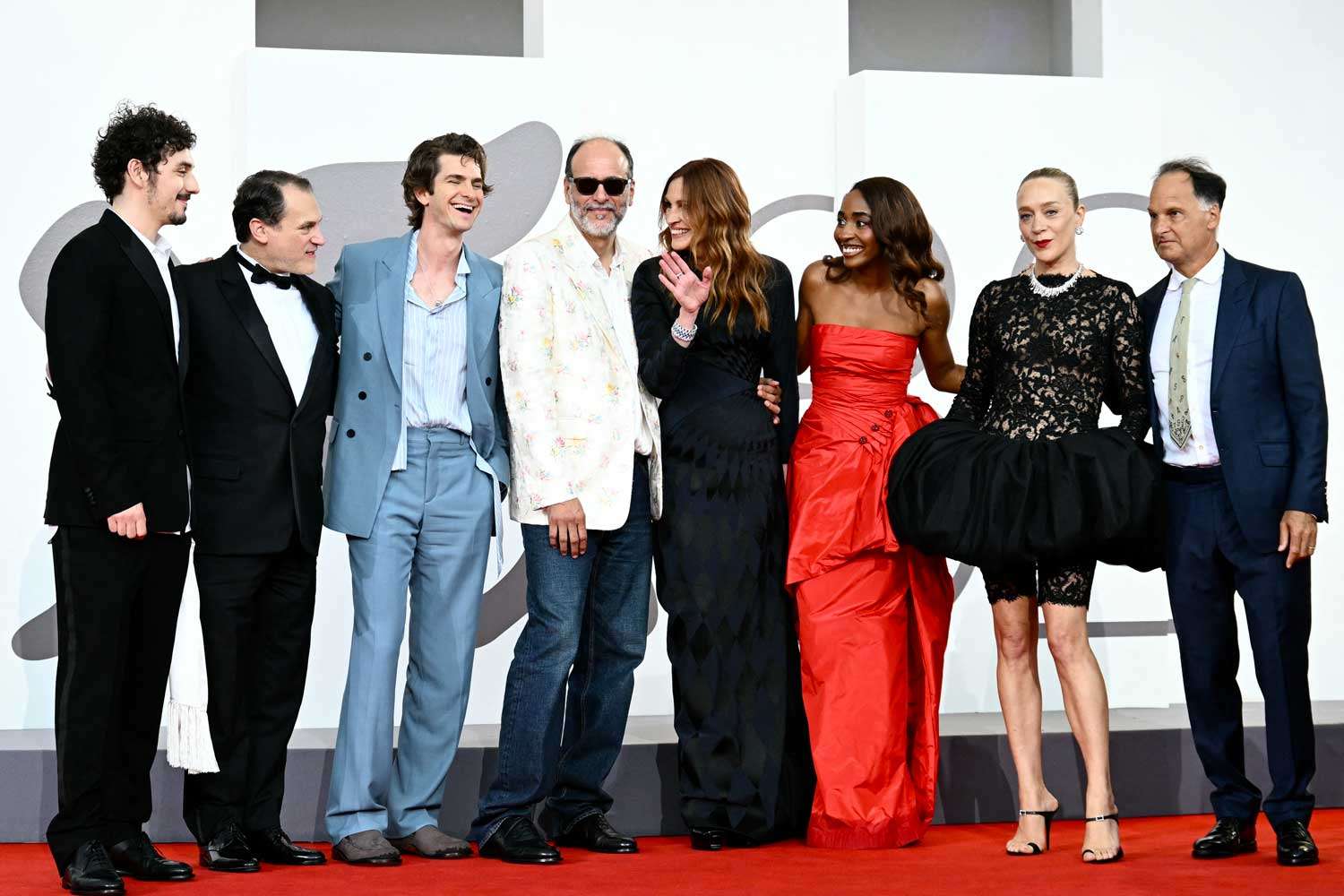 Actor Will Price, US actor Michael Stuhlbarg, British-US actor Andrew Garfield, Italian film director Luca Guadagnino, US actress Julia Roberts, US actress Ayo Edebiri, US actress Chloe Sevigny attend the red carpet of the movie "After the Hunt".