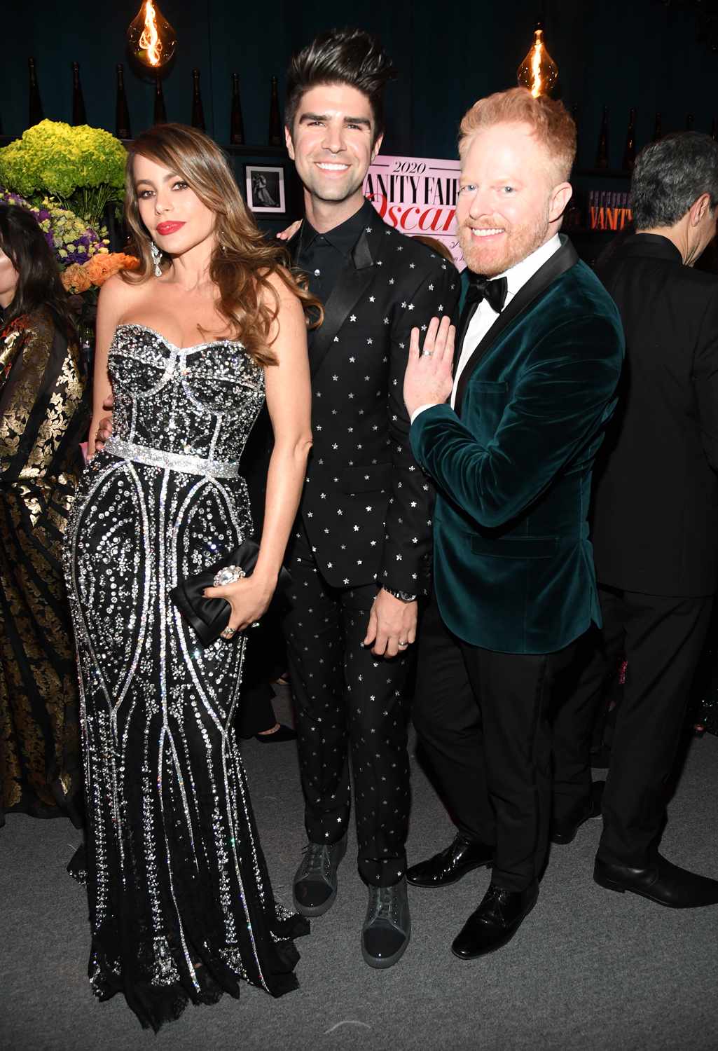Sofia Vergara, Justin Mikita, and Jesse Tyler Ferguson attend the 2020 Vanity Fair Oscar Party