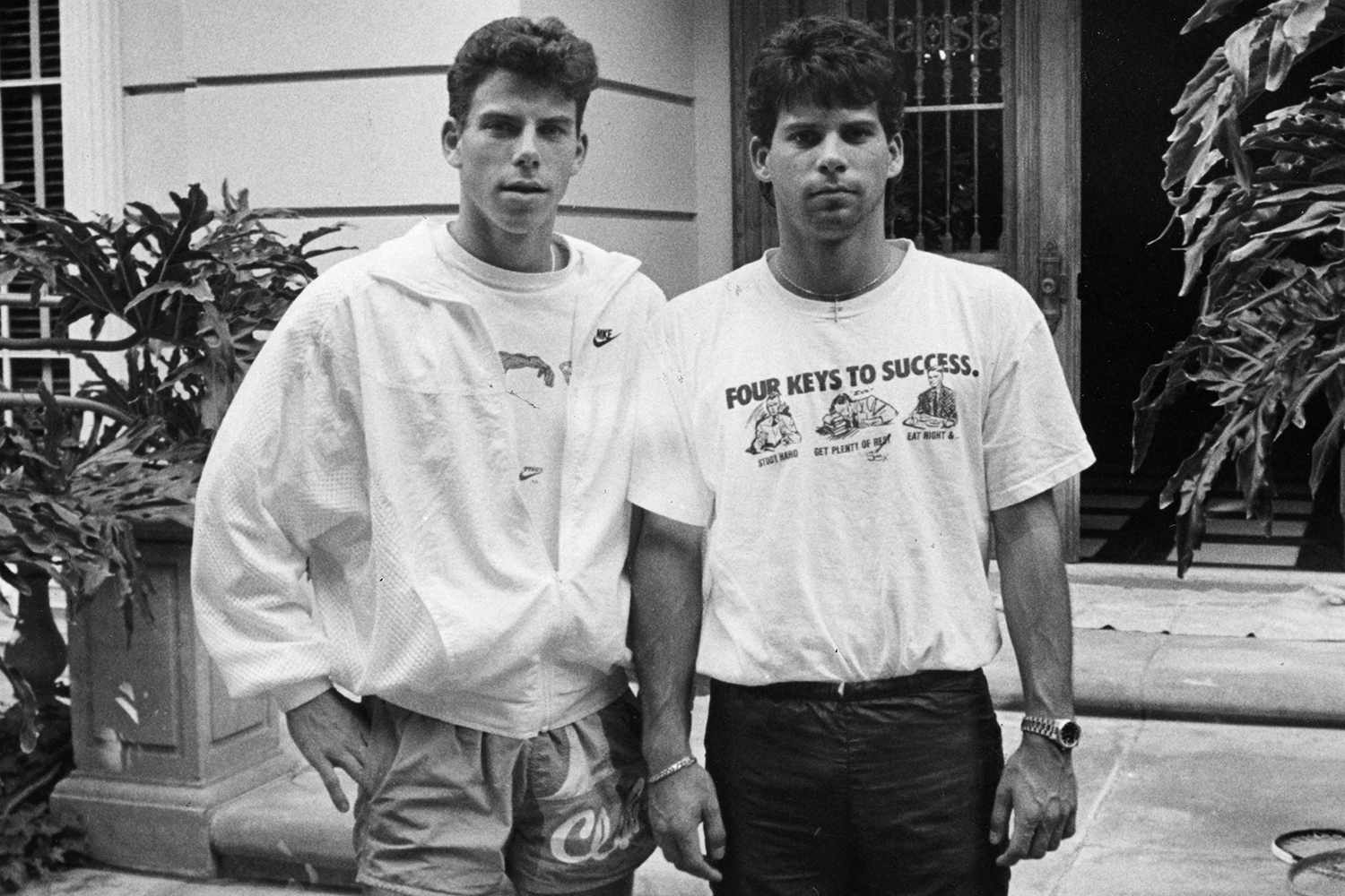 Erik Menendez, left, and is brother Lyle, in front of their Beverly Hills home. They are prime suspects in their parents murder.