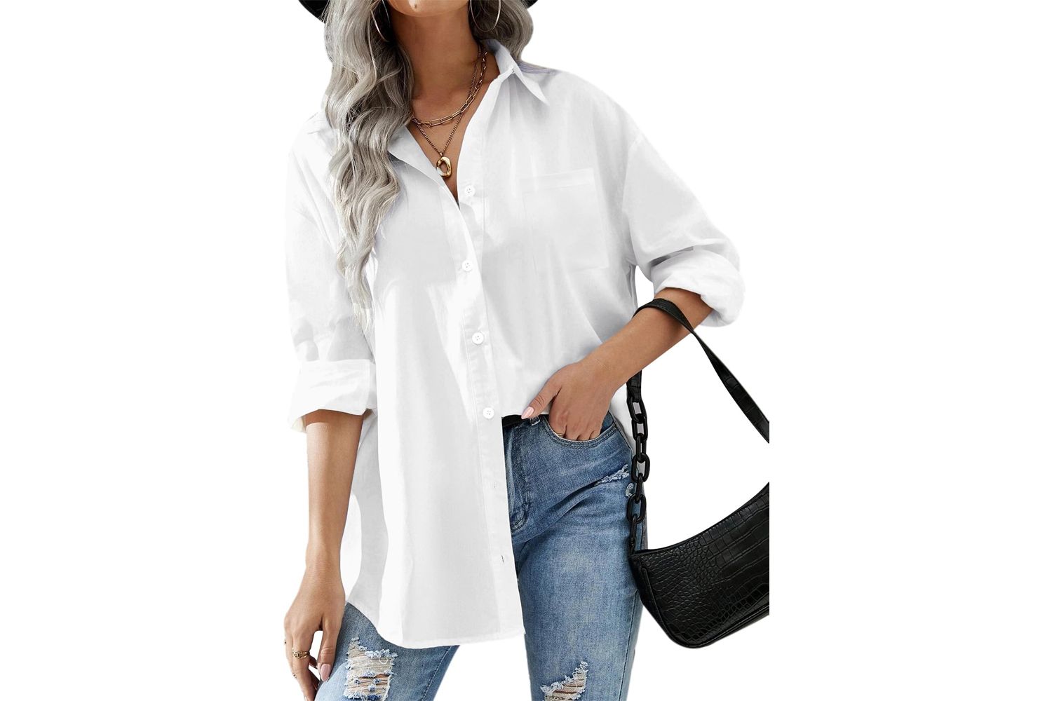 Hotouch Women Oversized Button Down Shirts Office Drop Shoulder Blouse Long Sleeve Boyfriend Dress Shirt With Pockets