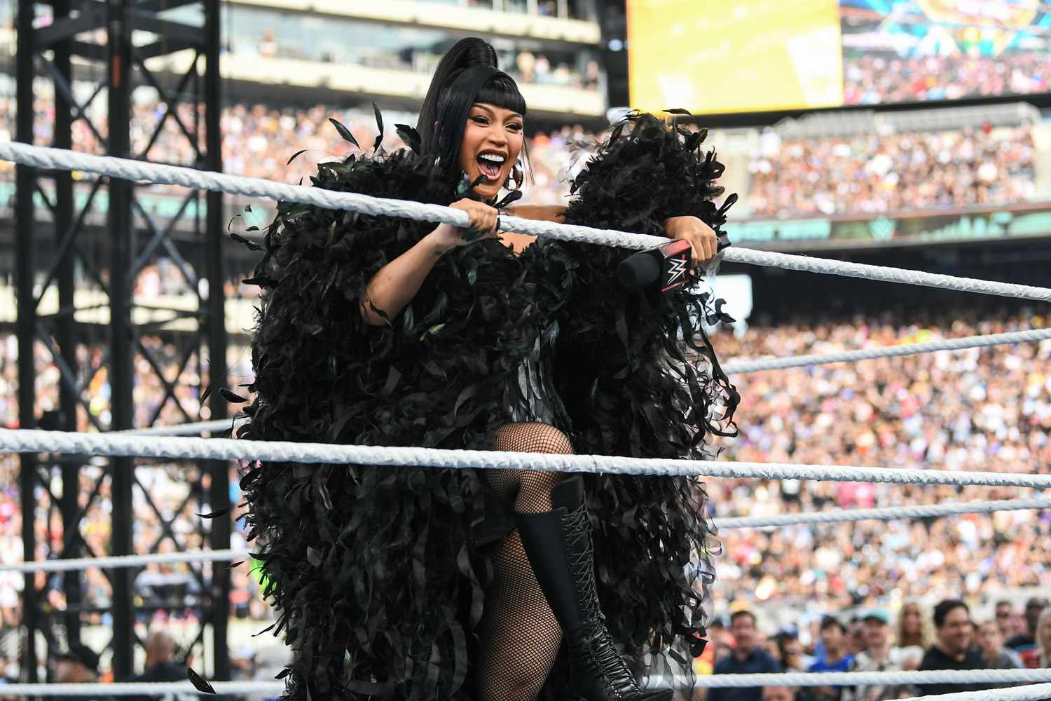 Cardi B speaks during SummerSlam at MetLife Stadium on August 2, 2025 in East Rutherford, New Jersey.