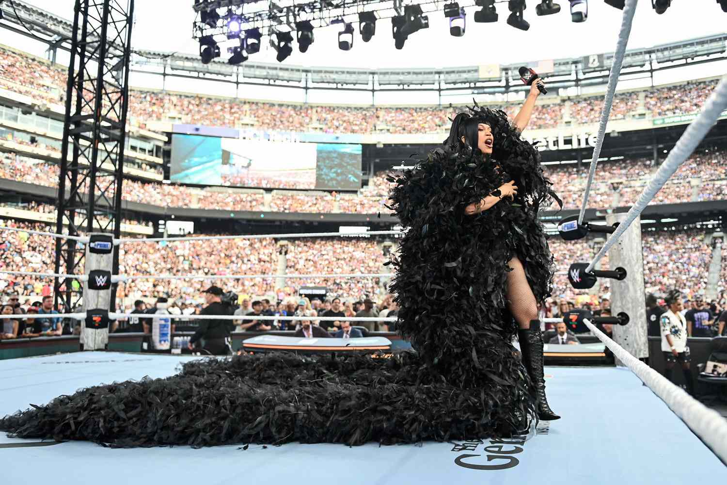 Cardi B speaks during SummerSlam at MetLife Stadium on August 2, 2025 in East Rutherford, New Jersey.