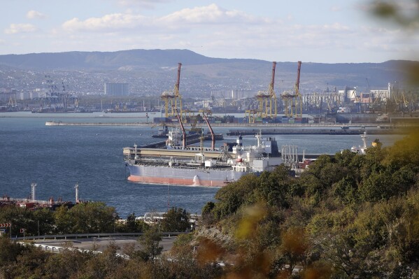 An oil tanker is moored at the Sheskharis complex, part of Chernomortransneft JSC, a subsidiary of Transneft PJSC, in Novorossiysk, Russia, on Oct. 11, 2022, one of the largest facilities for oil and petroleum products in southern Russia.