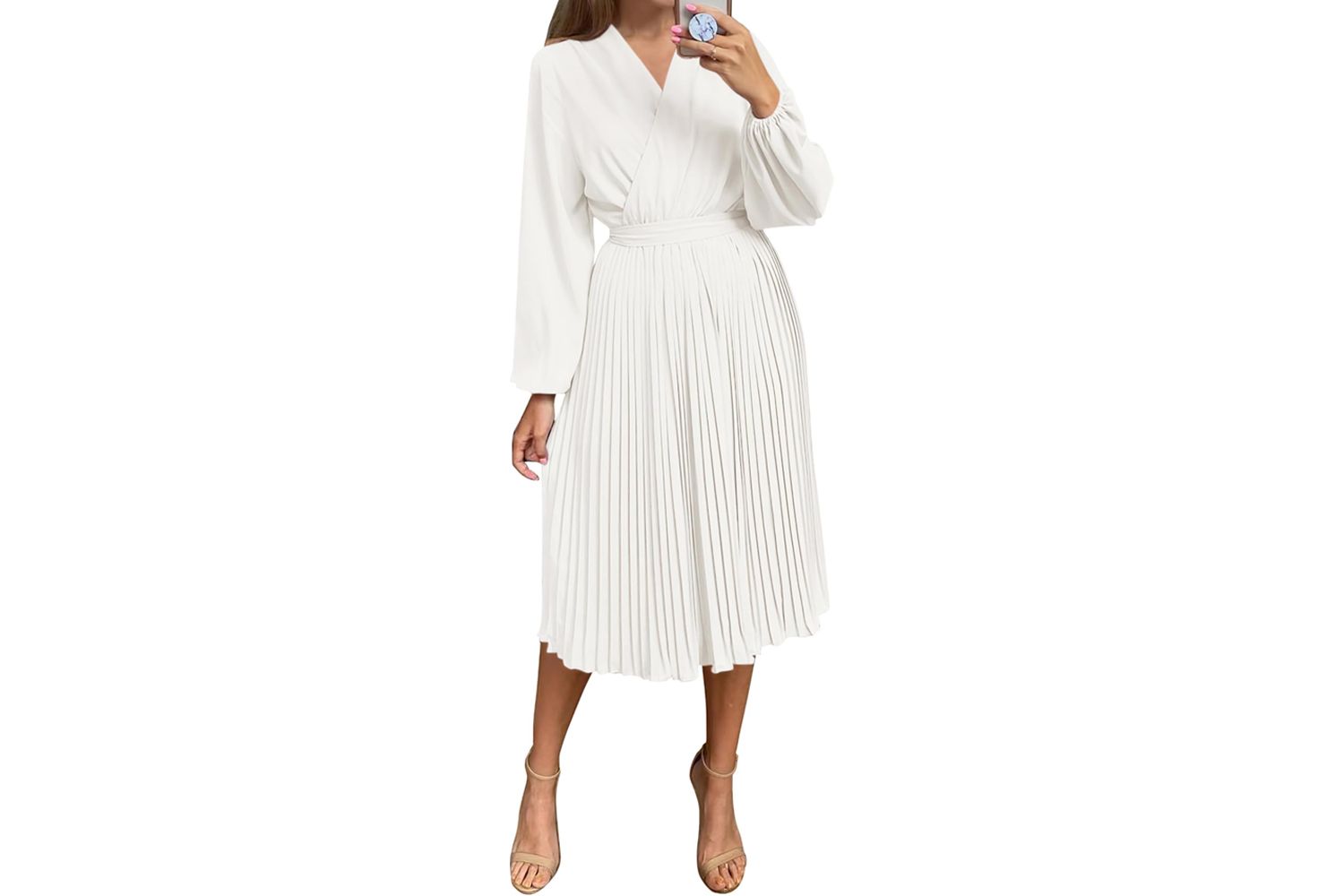 Prettygarden Womens Spring Midi Dress Long Puff Sleeve Wrap V Neck Flowy Ruffle Pleated