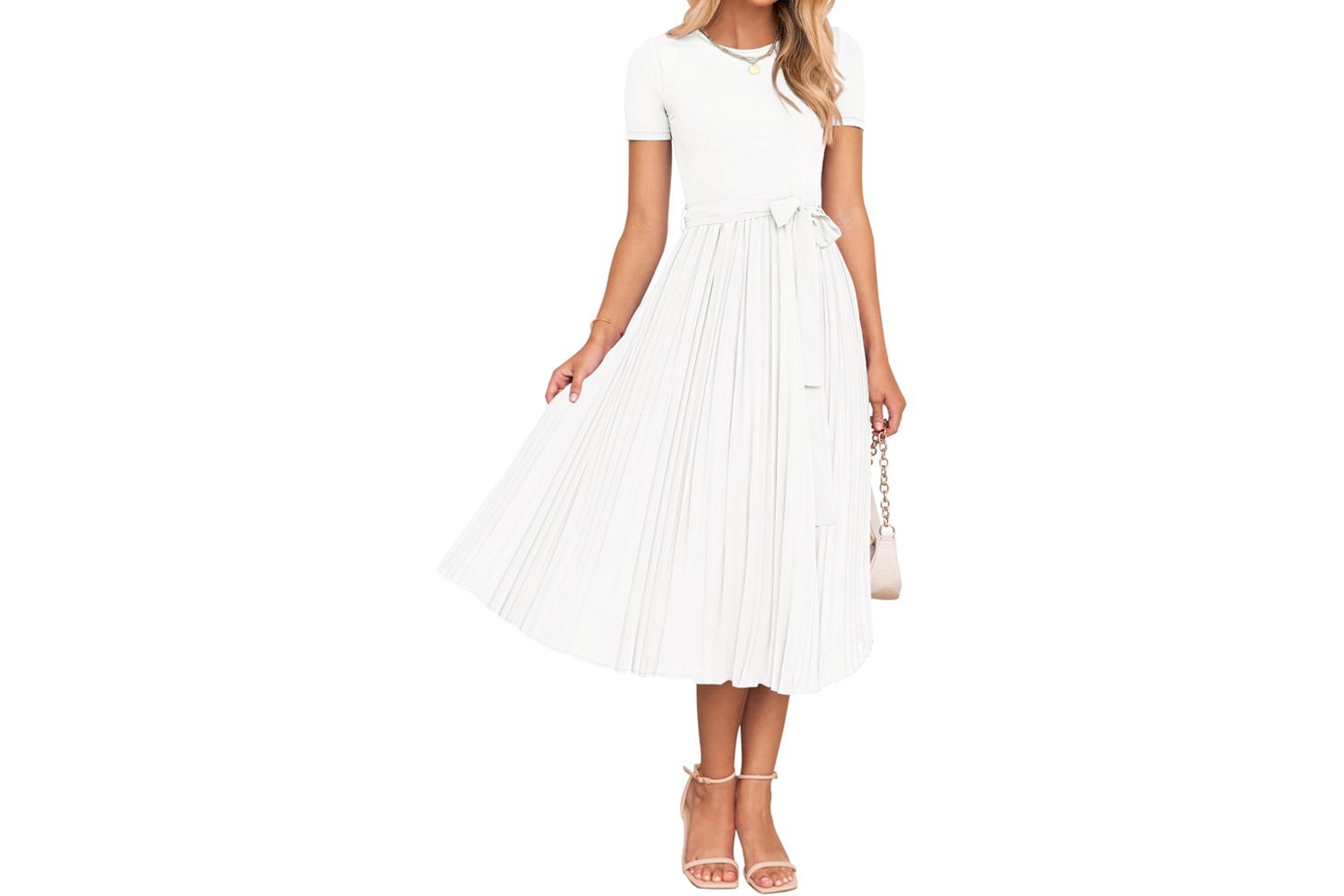 Zesica Womens 2025 Summer Short Sleeve Midi Dresses Casual Crew Neck Knit Belted Pleated