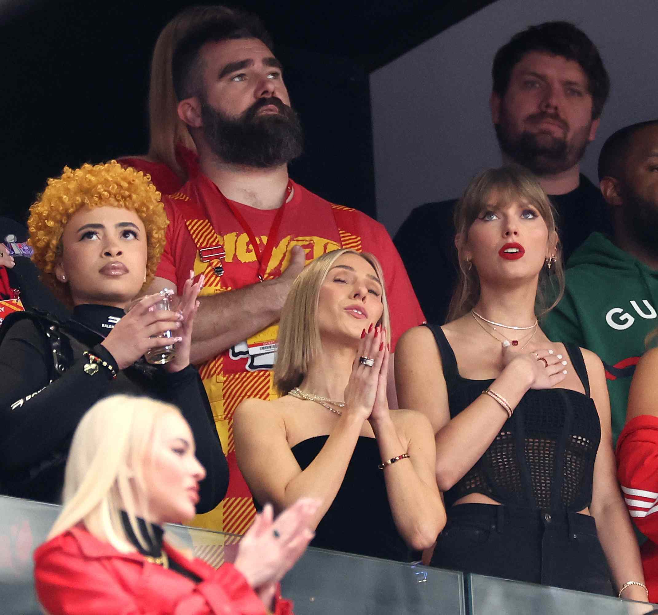 Ice Spice, Jason Kelce, and Taylor Swift at Super Bowl LVIII