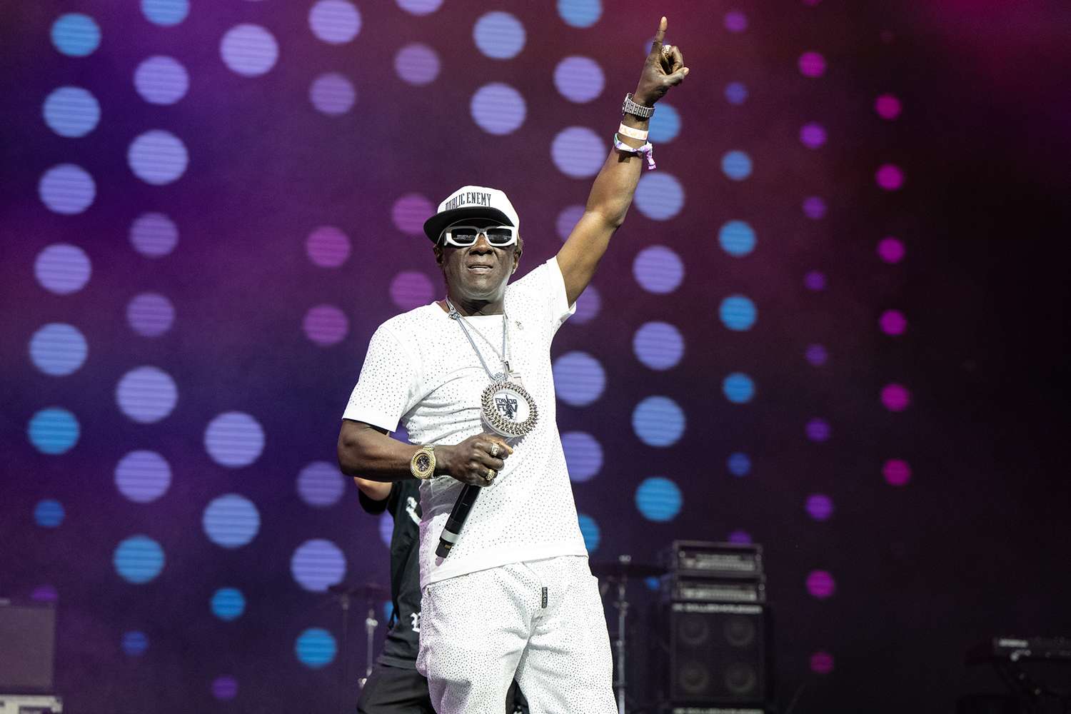 Rapper Flavor Flav of Public Enemy performs onstage with Yo Gabba Gabba! during weekend 2, day 2 of the Coachella Valley Music and Arts Festival on April 19, 2025 in Indio, California.