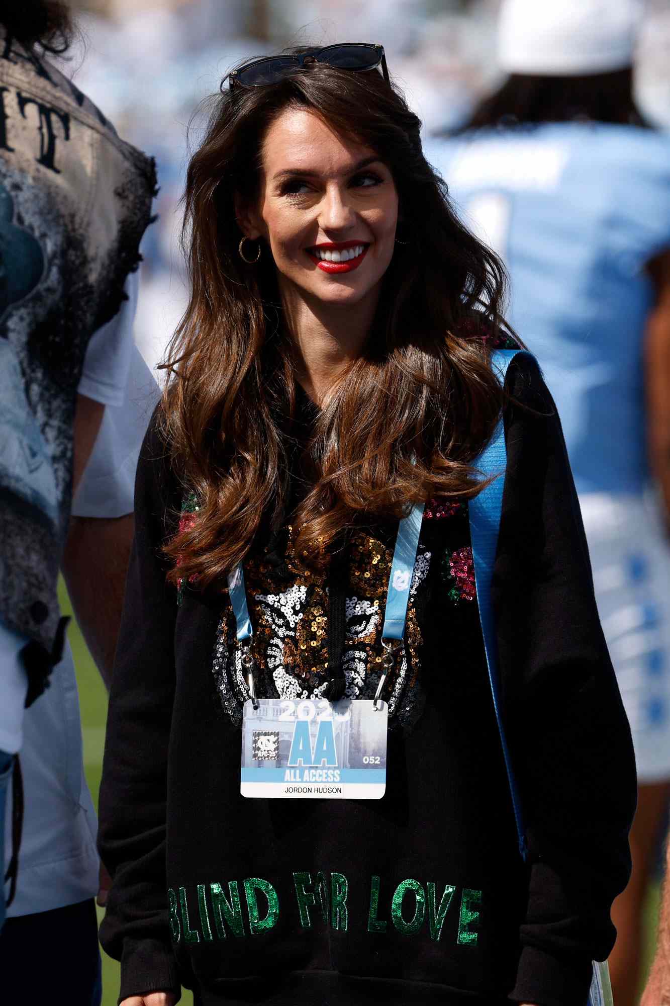 Jordon Hudson attends the game between the Richmond Spiders and the North Carolina Tar Heels at Kenan Memorial Stadium on September 13, 2025