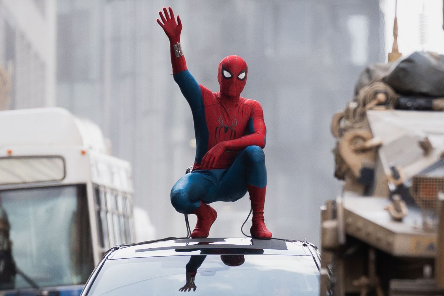 Tom Holland, in his Spider Man costume, is seen on set for the latest Spider Man: Brand New Day movie, which began filming in Glasgow last week.