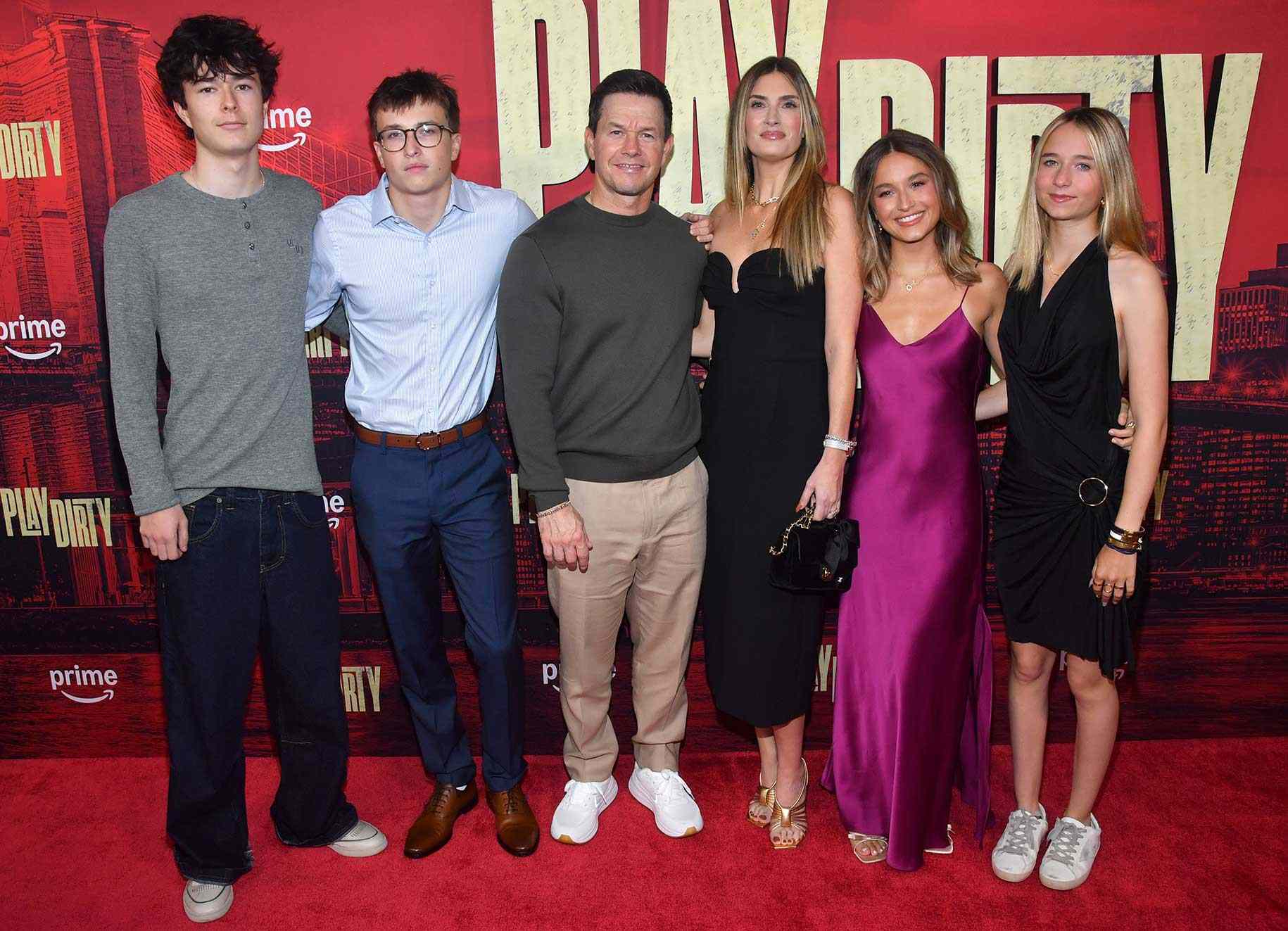 Brendan Joseph Wahlberg, Michael Wahlberg, Mark Wahlberg, Rhea Durham, Ella Rae Wahlberg and Grace Margaret Wahlberg attend the Play Dirty world premiere in New York on September 24, 2025.