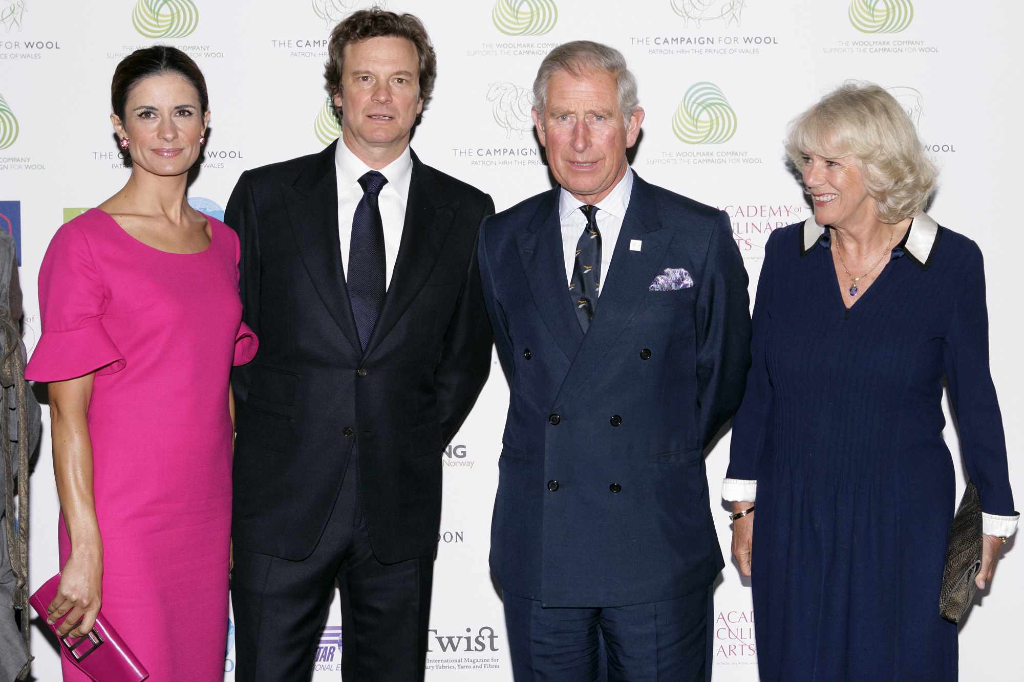 Livia Giuggioli, Colin Firth, Prince Charles, Prince of Wales and Camilla Duchess of Cornwall attend the opening of the Wool Modern exhibition to mark Wool Week 2011 at La Galleria on September 7, 2011 in London, England.