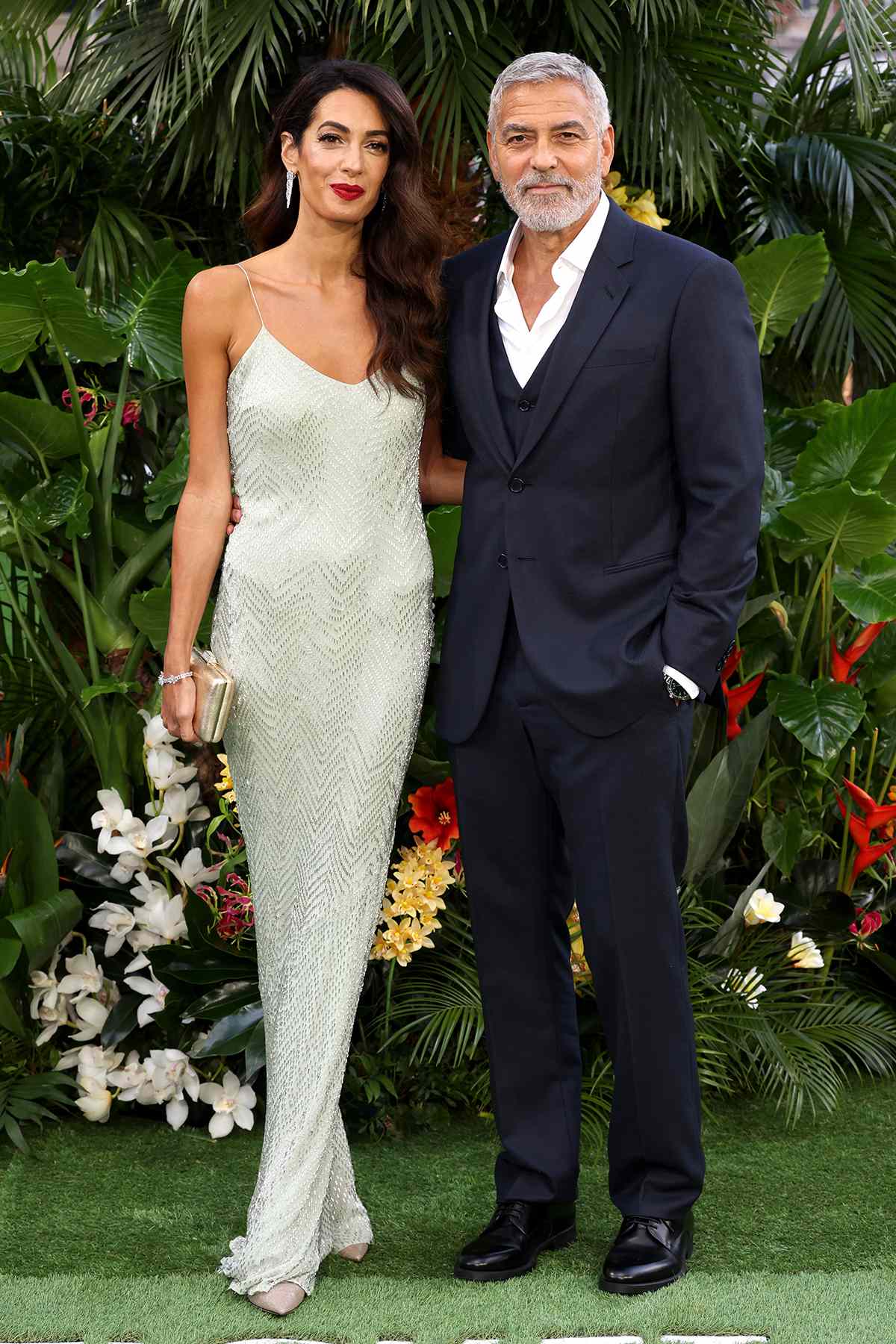 Amal Clooney and George Clooney attend the World Premiere of "Ticket to Paradise" at Odeon Luxe Leicester Square on September 07, 2022 in London, England.