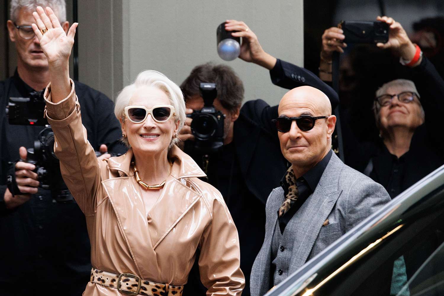 Meryl Streep (aka Miranda Priestly) and Stanley Tucci arrive at the Dolce & Gabbana fashion show during the Milan Womenswear Spring/Summer 2026