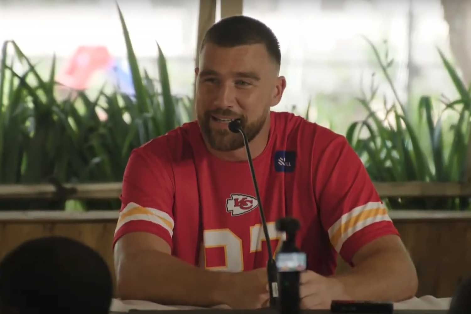 Travis Kelce speaks in Brazil during a press conference for the Kansas City Chiefs