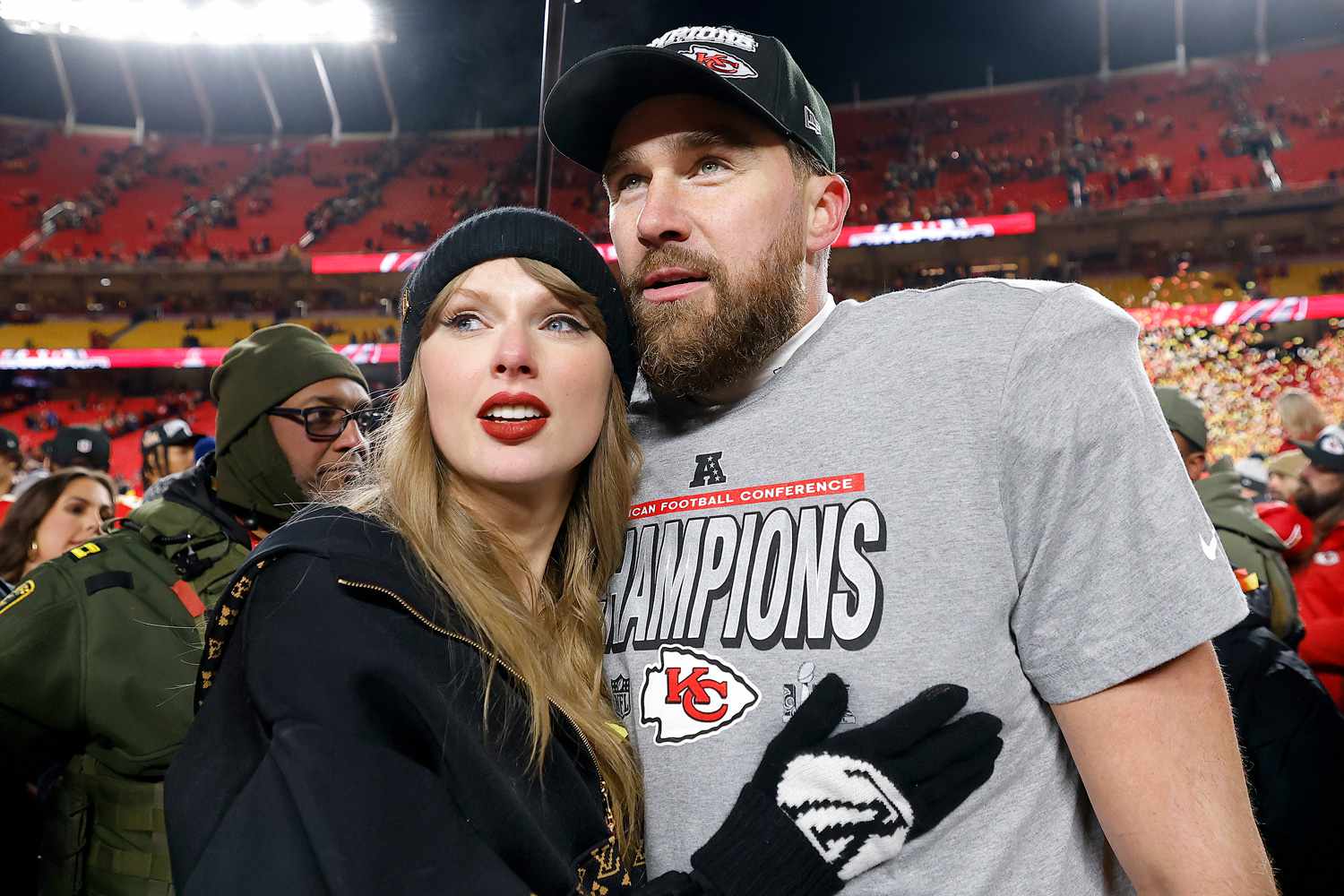 Taylor Swift celebrates with Travis Kelce #87 of the Kansas City Chiefs after defeating the Buffalo Bills AFC Championship Game.