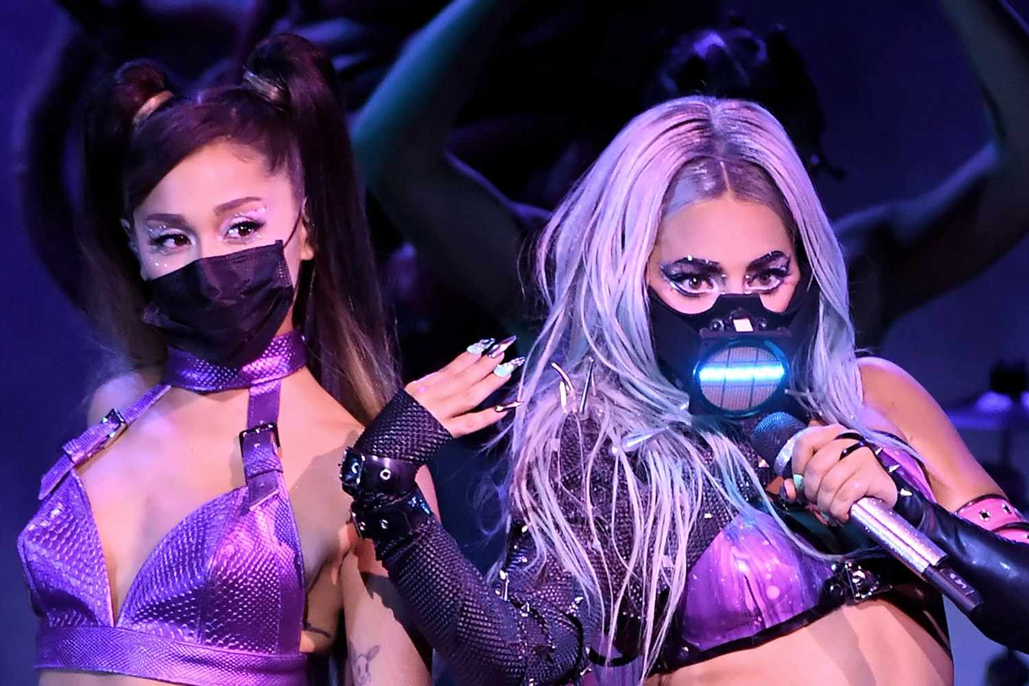 Ariana Grande and Lady Gaga performing at the 2020 MTV Video Music Awards