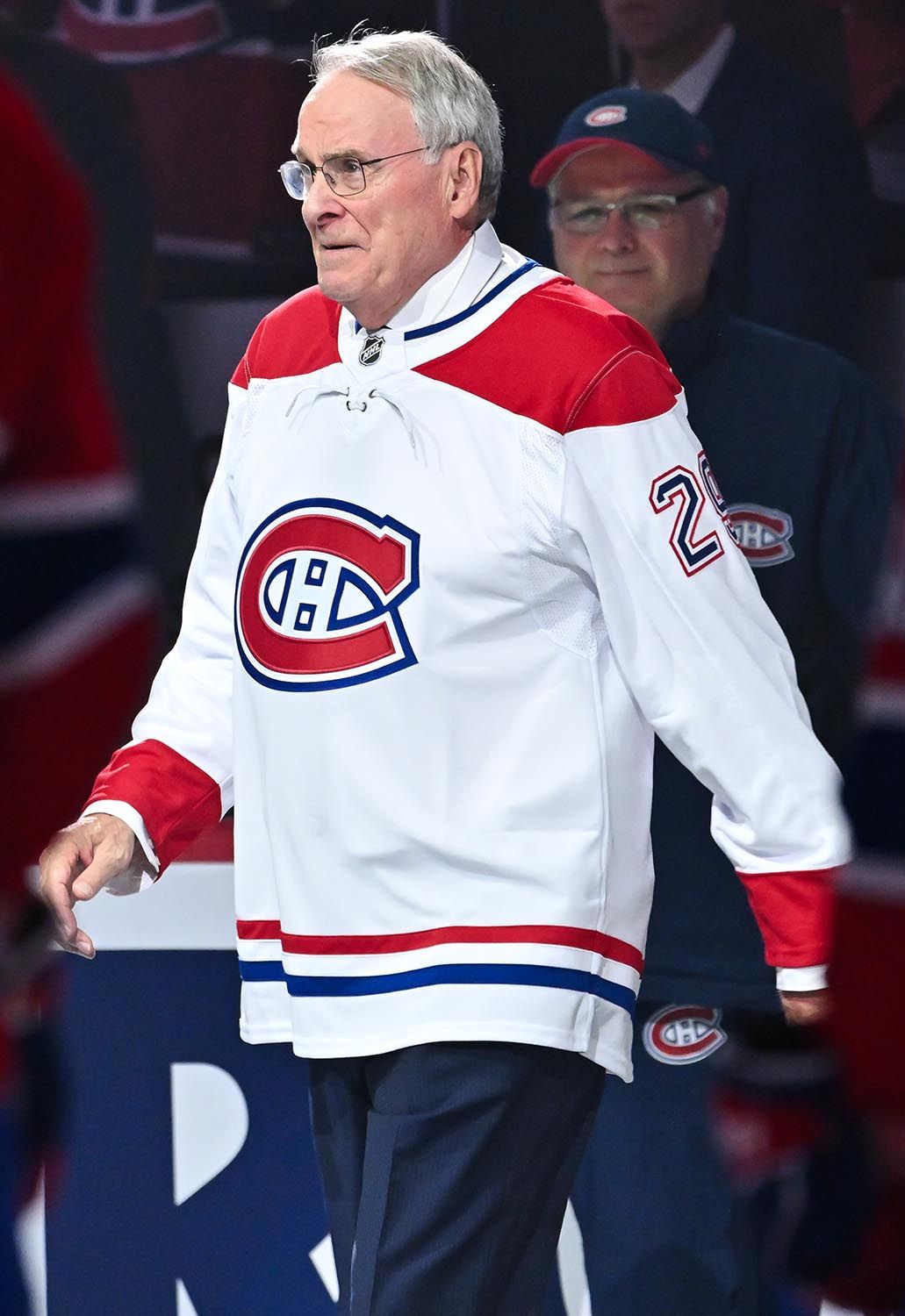 Montreal Canadiens alumni Ken Dryden walks across the rink during a pregame ceremony against the New York Rangers at the Bell Centre on October 22, 2024 in Montreal, Quebec, Canada.