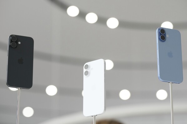 The iPhone 17 is displayed during an announcement of new products at Apple Park on Tuesday, Sept. 9, 2025, in Cupertino, Calif.