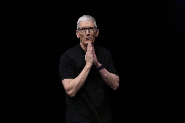Apple CEO Tim Cook speaks on stage during an announcement of new products at Apple Park in Cupertino, Calif., Tuesday, Sept. 9, 2025.