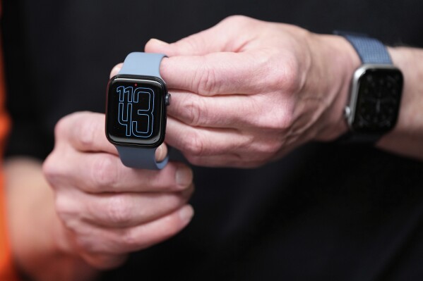 An Apple Watch is displayed during an announcement of new products at Apple Park on Tuesday, Sept. 9, 2025, in Cupertino, Calif.