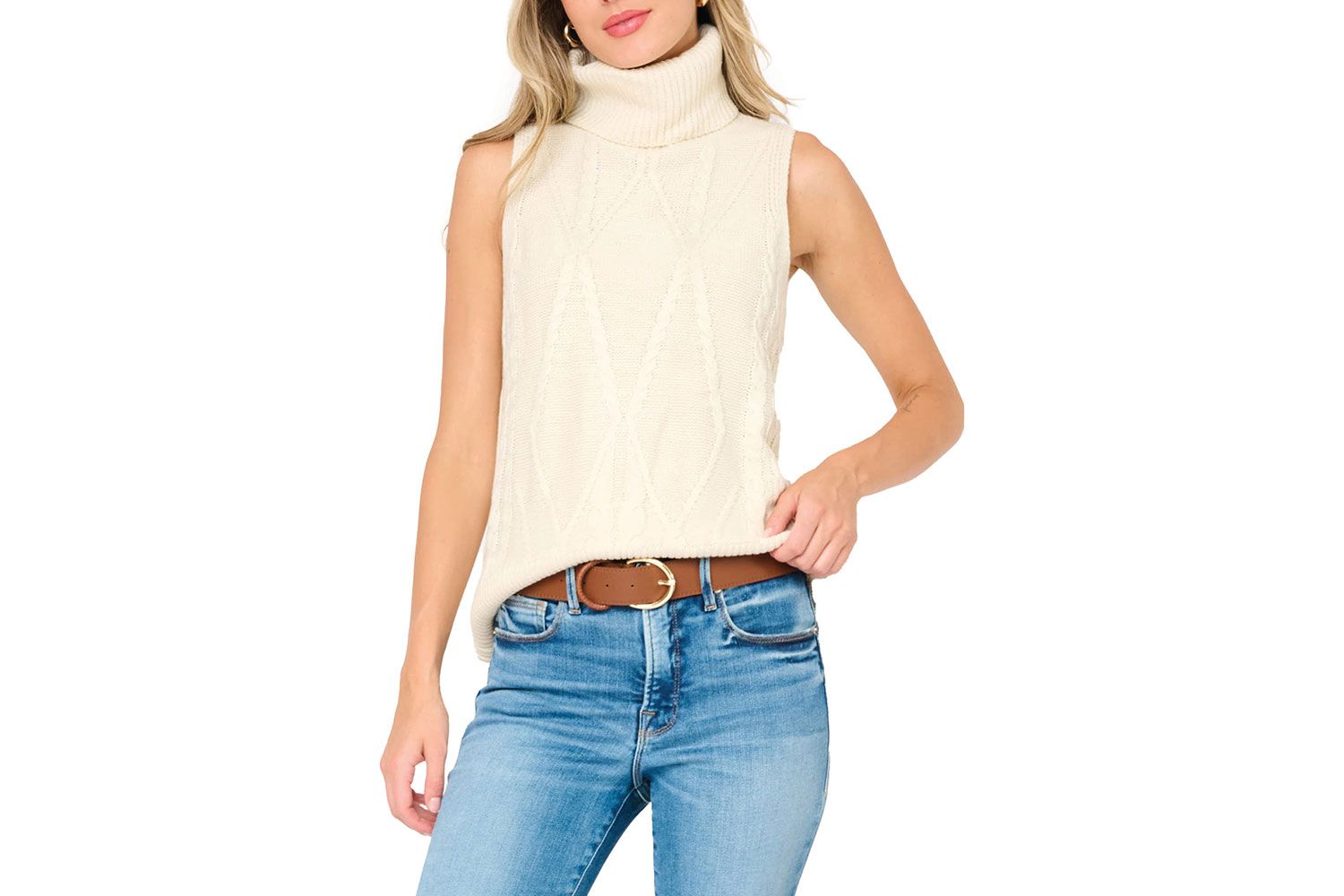 Cable Stitch Sleeveless Turtleneck Sweater