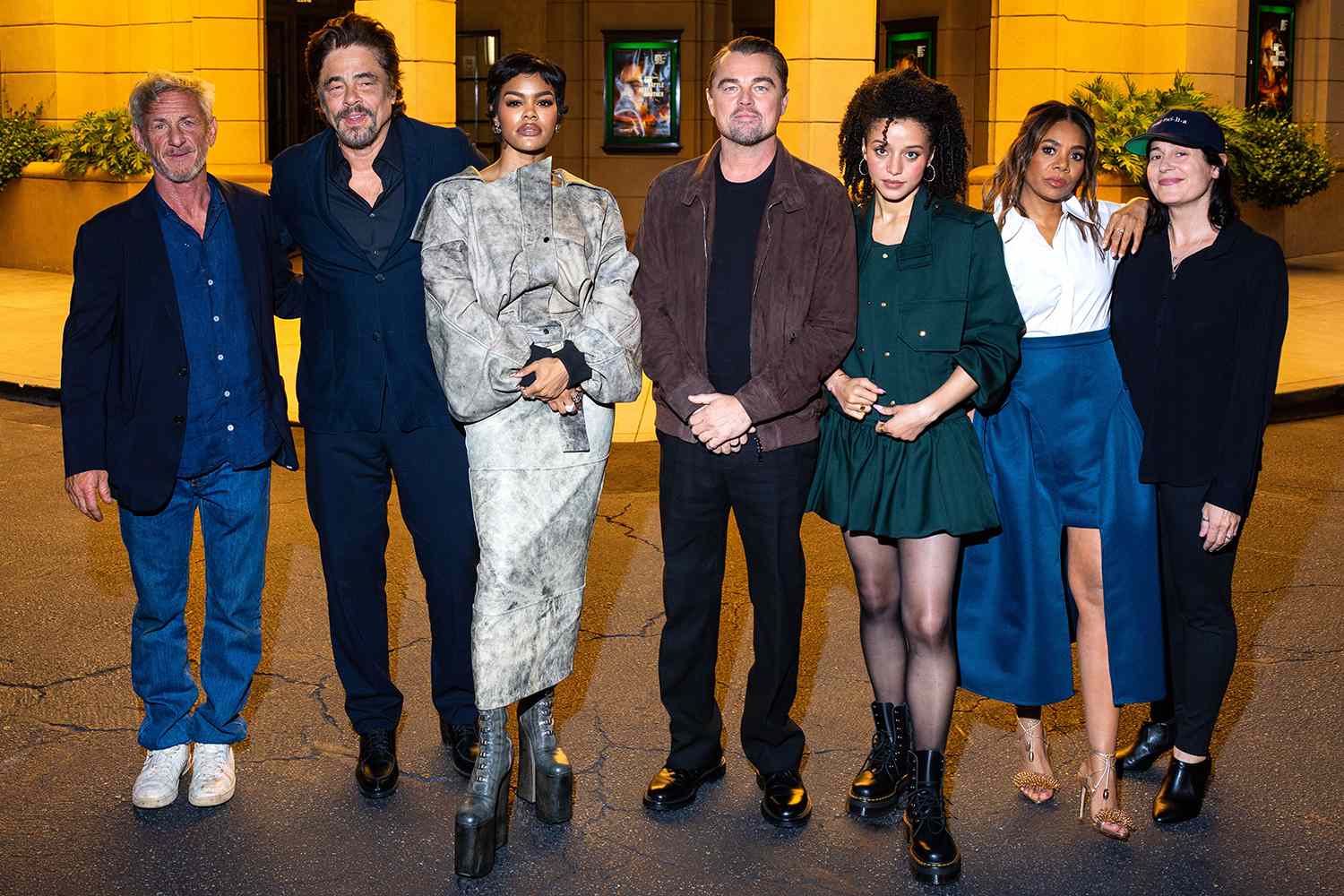 Sean Penn, Benicio Del Toro, Teyana Taylor, Leonardo DiCaprio, Chase Infiniti, Regina Hall and casting director Cassandra Kulukundis, pose for a portrait outside the Steven J. Ross Theater on the Warner Bros. Studio lot before a Q&A for "One Battle After Another,"