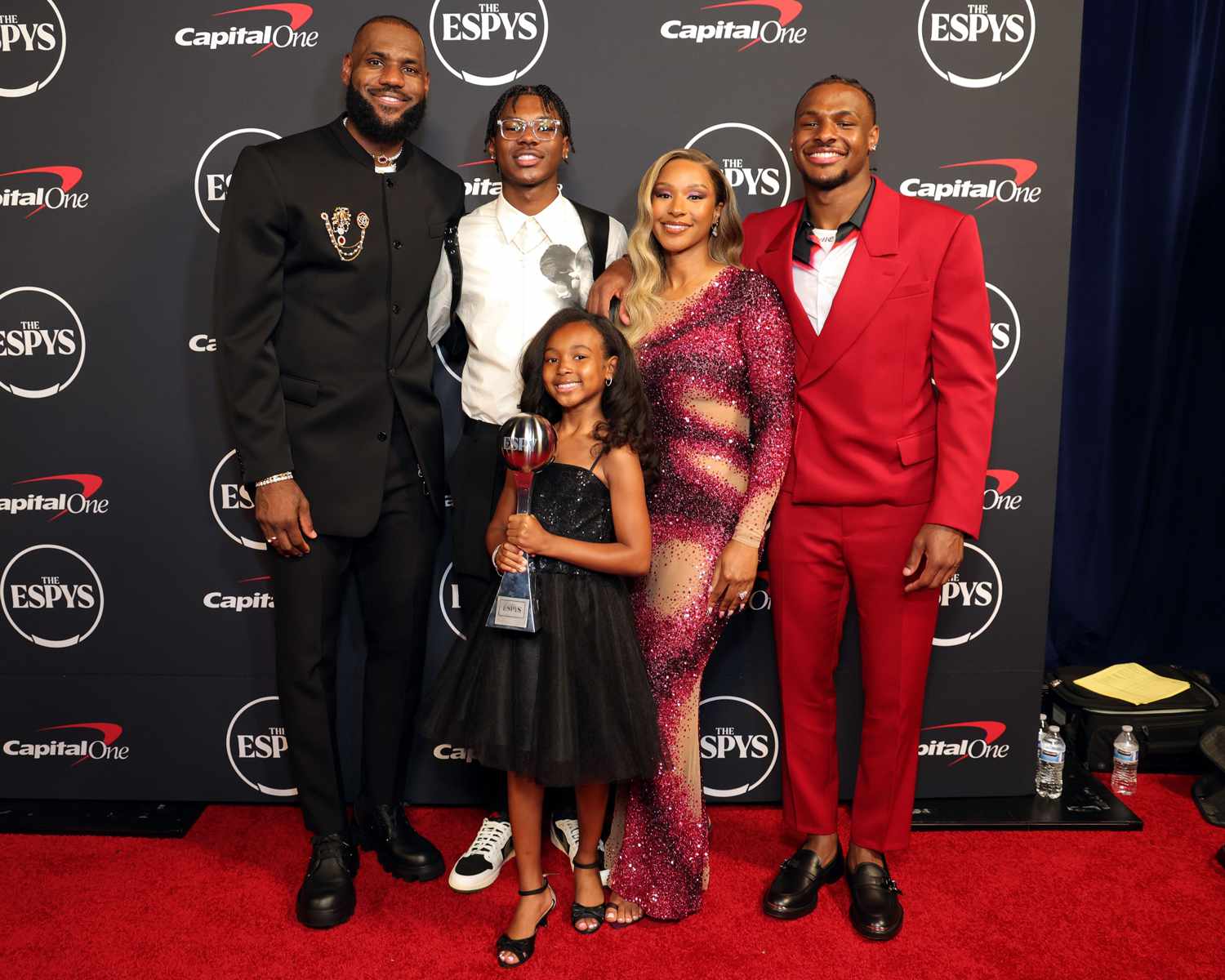LeBron James, Savannah James,LeBron James, winner of Best Record-Breaking Performance, Bryce James, Zhuri James, Savannah James, and Bronny James attend The 2023 ESPY Awards at Dolby Theatre on July 12, 2023