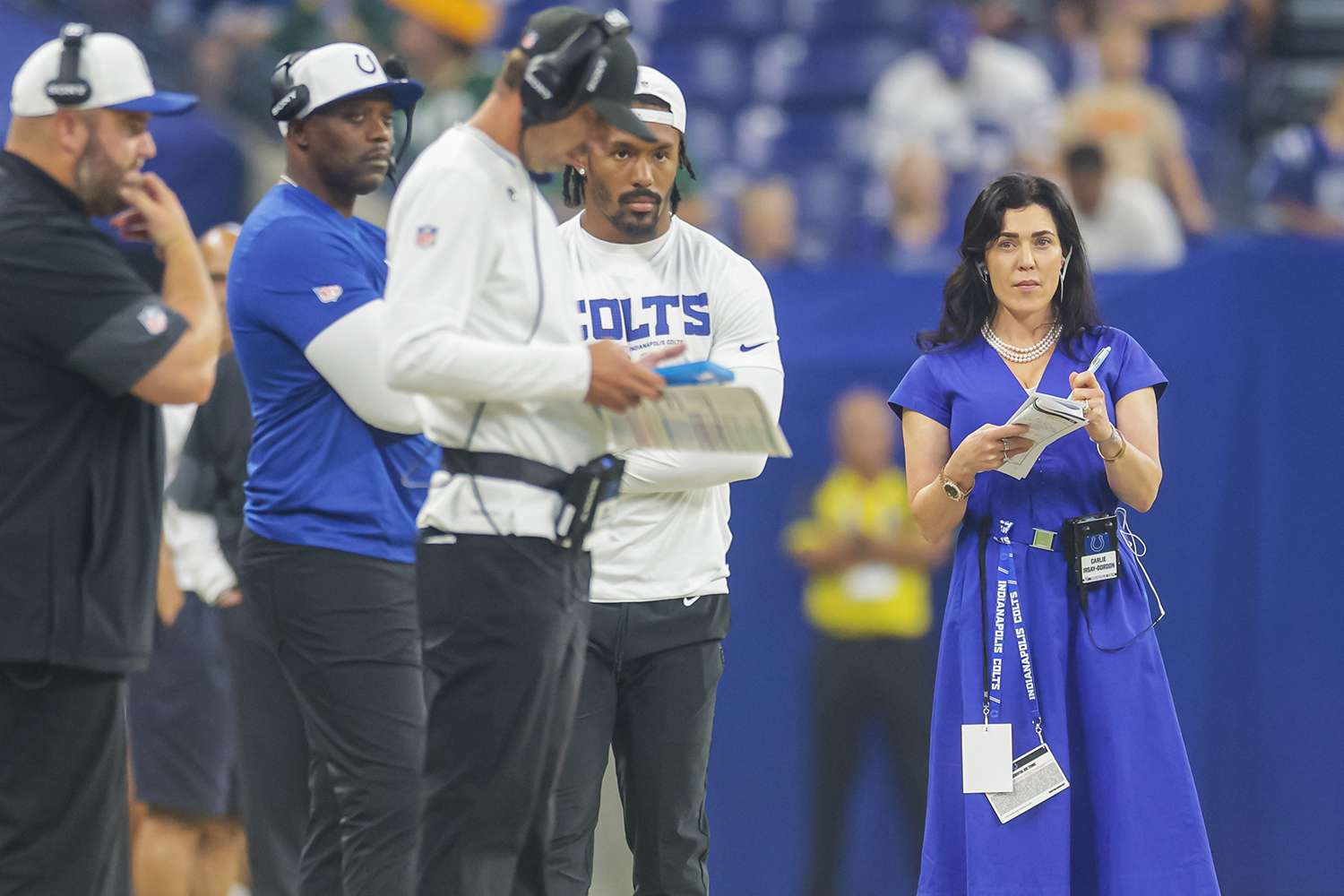 Carlie Irsay-Gordon on the sidelines during an NFL Preseason game
