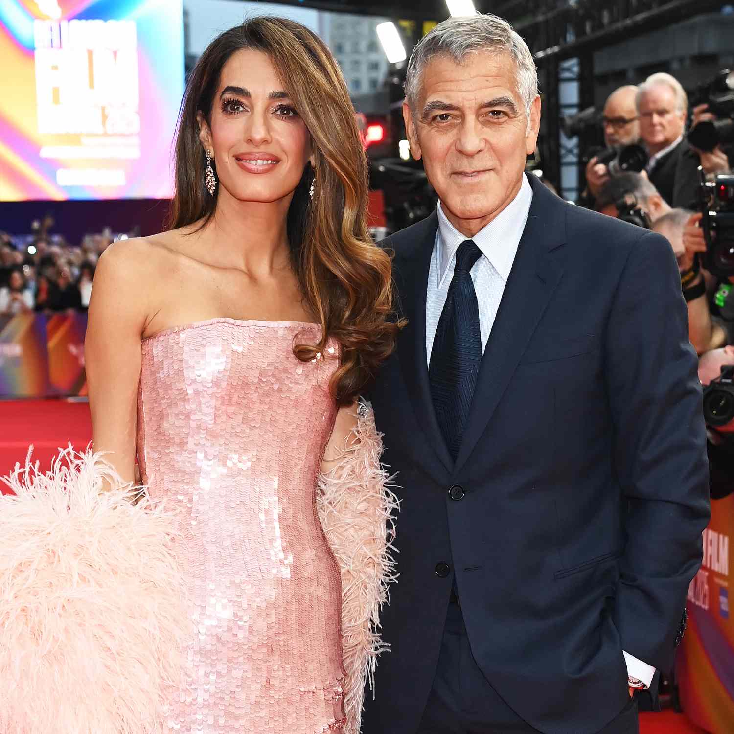 Amal Clooney and George Clooney attend the Headline Gala screening of "Jay Kelly" during the 69th BFI London Film Festival at The Royal Festival Hall on October 10, 2025 in London, England.